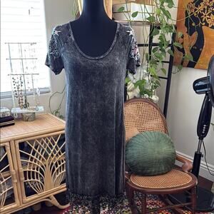 Vintage Y2K T-Party Acid Wash Embroidered Rhinestone Floral Lace Trim Midi Dress